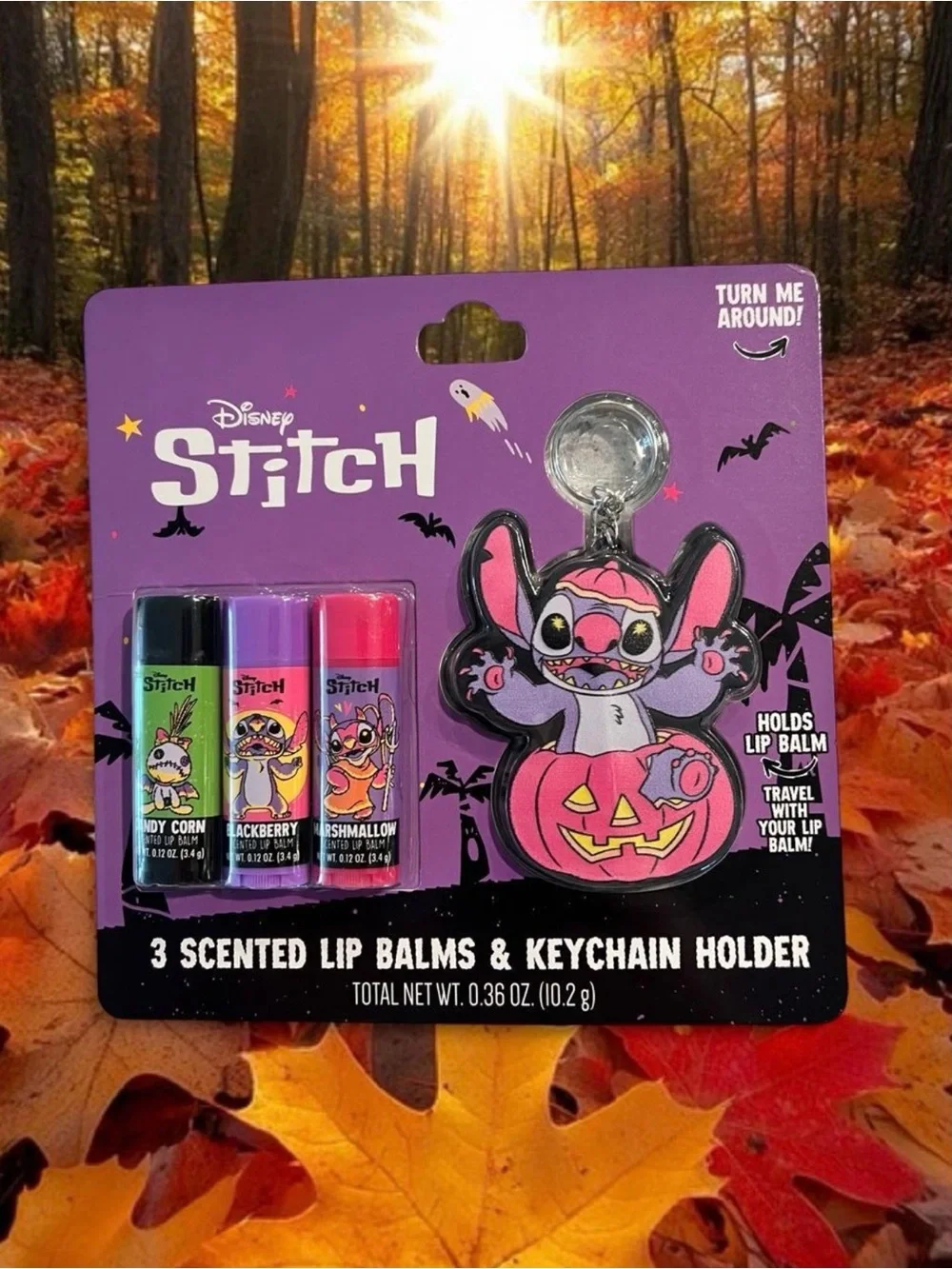 Disney Stitch Halloween Lip Balm 3-Pack with Purple Keychain Holder